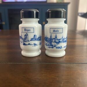 Vintage Milk Glass Dutch salt and pepper shaker set of 2 white and blue